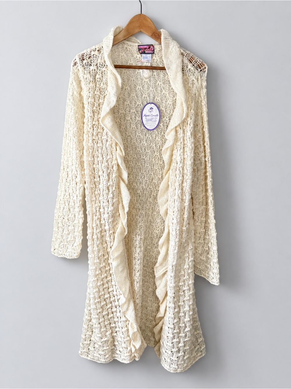 April Cornell NWT Open-Knit Ruffle Ivory Duster Cardigan Size Large Sequins Boho